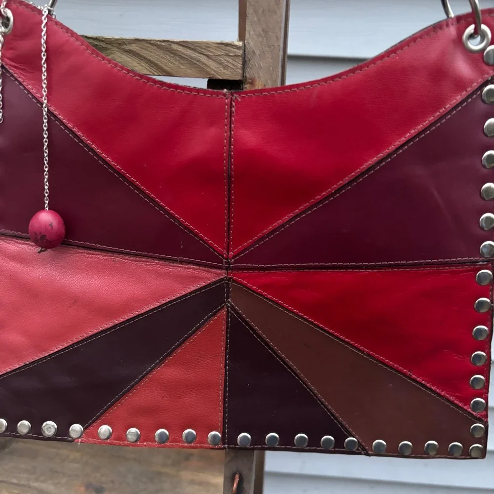Patchwork Y2K Shoulder Bag Red Burgundy Brown‎ Studded Magnetic Snap